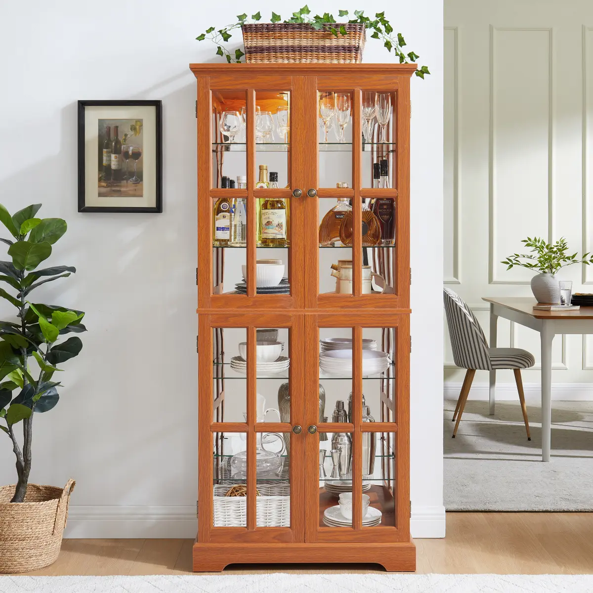 Vintage Curio Display Cabinet with Glass Doors - Antique Showcase for Collectibles, Four Adjustable Shelves, E26 Bulb Included, Perfect for Home or Office Decor-DARK OAK