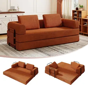 79" Convertible Sofa Bed, 5-in-1Boneless Couch for Living Room with 2 Pillows Corduroy Folding Sleeper Sofa Bed, Boneless Cloud Loveseat Futon Sofa Bed for Living Room Bedroom Lounge, Orange