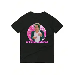 Black Breathable Cotton Men's "It's Me Jessica" Graphic T-Shirt| Regular Fit Crew Neck Short Sleeve Tee With Pink & Purple Geometric Design, Slight Stretch,  Graphic Shirt, Casual Crew Neck, Comfortable Fit Shirt