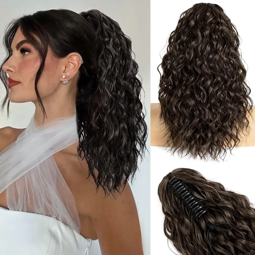 Claw Clip Ponytail Extension for women - 18" Long Curly Drawstring Ponytail Hair Extensions for Women, Strong Hold Fluffy Natural Looking Synthetic Hair Pieces for Women Daily Use(Black Brown) hair extension synthetic  Colorful Heat-Resistant Tinsel Kit