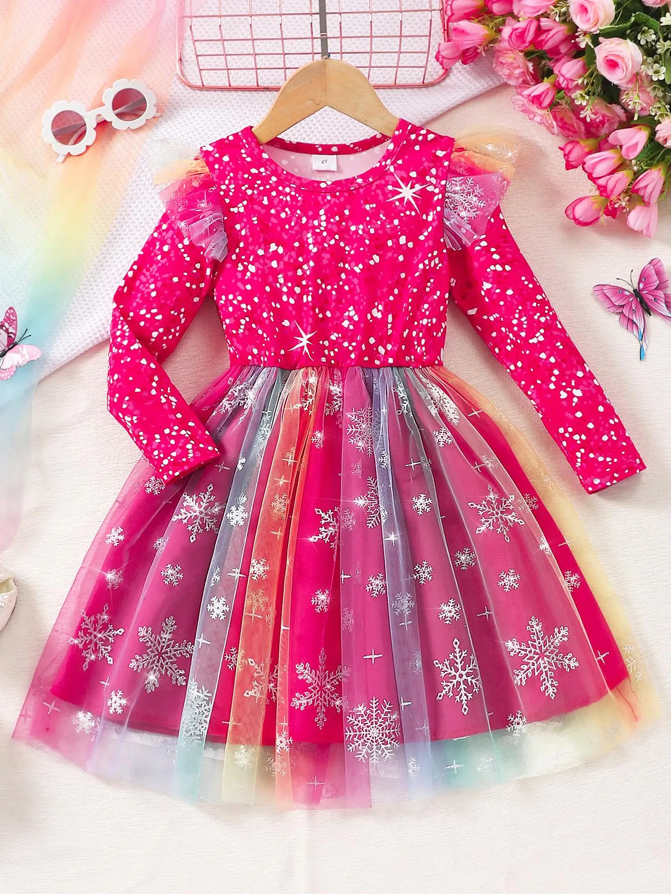 Girl's All Over Star Print Contrast Mesh Ruffle Trim Dress, Cute Long Sleeve Round Neck Fit & Flare Dress for Party Holiday, Kids Clothes for Fall & W