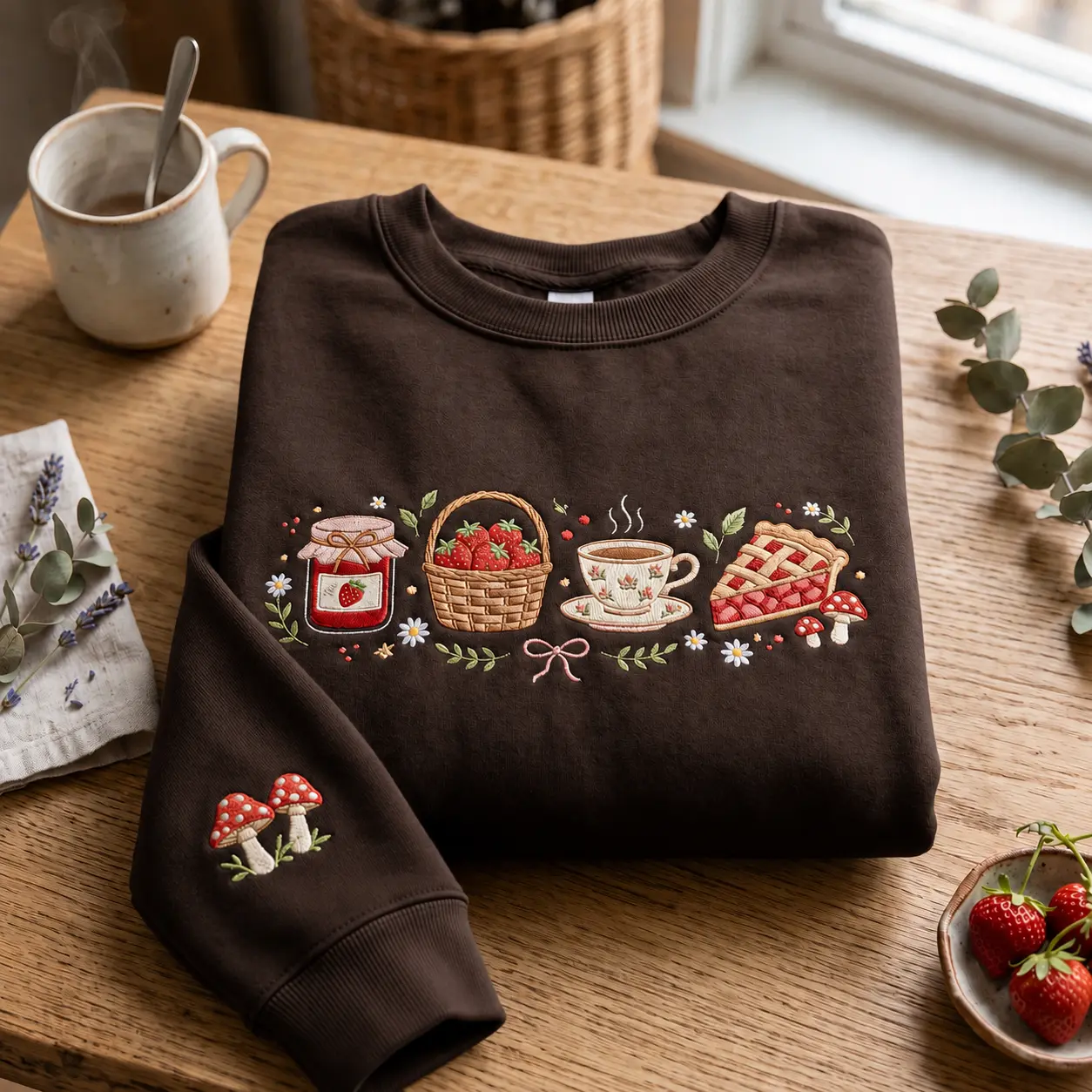Embroidered Cottagecore Picnic Sweatshirt, Strawberry Basket Tea Crewneck, Cozy Jam and Pie Pullover, Sweet Berry Gift for Cottagecore Lovers