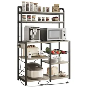 Garvee 6-Tier Bakers Rack with Power Outlets & Storage Cabinet - Rustic Industrial Kitchen Shelf Coffee Bar Station Large Microwave Stand for Dining or Kids'Room