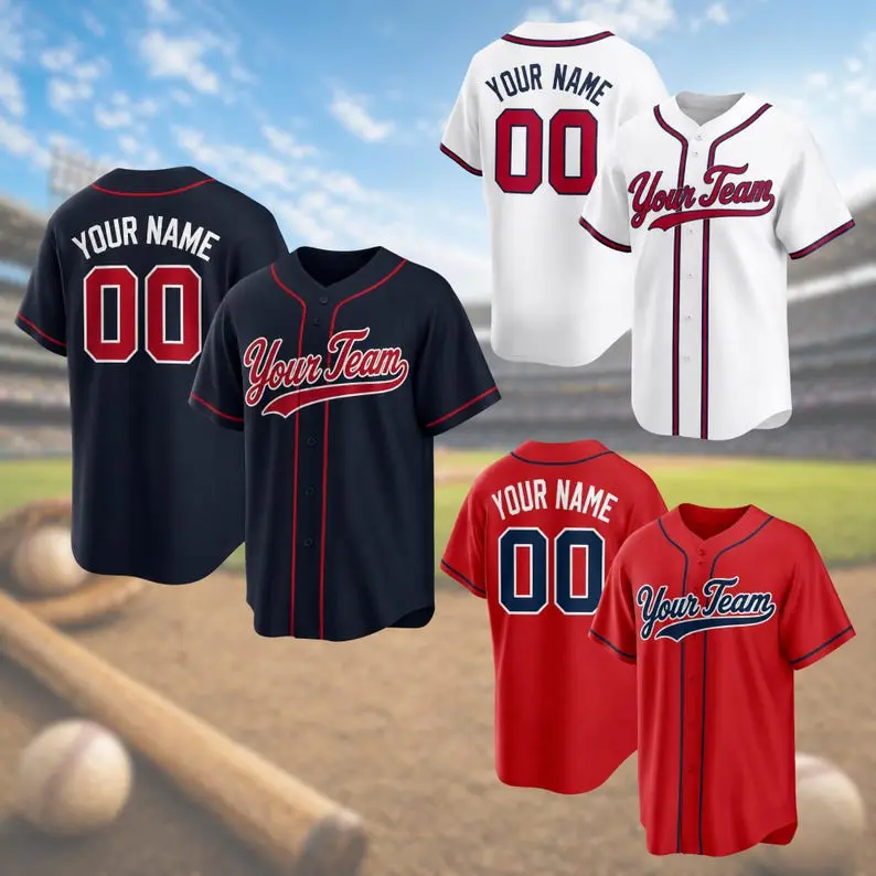 Atlanta Navy Red Baseball Jersey Inspired, Custom Baseball Jersey, Personalized Team Shirt, Vintage Baseball Jersey, Custom Name Number Tee Graphic All Over Print Style Baseball Jersey 3D PRINT Unisex Casual Size S-5XL