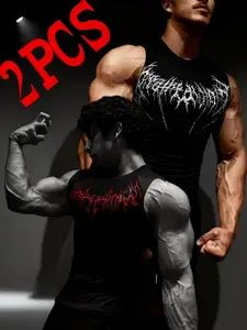 Men's Gothic Thorn Print Gym Vest Set, European Dark Trend Style, High Elasticity Quick-Dry Breathable Fabric, Slim Fit for Fitness Enthusiasts, Sports Vests Workout Apparel