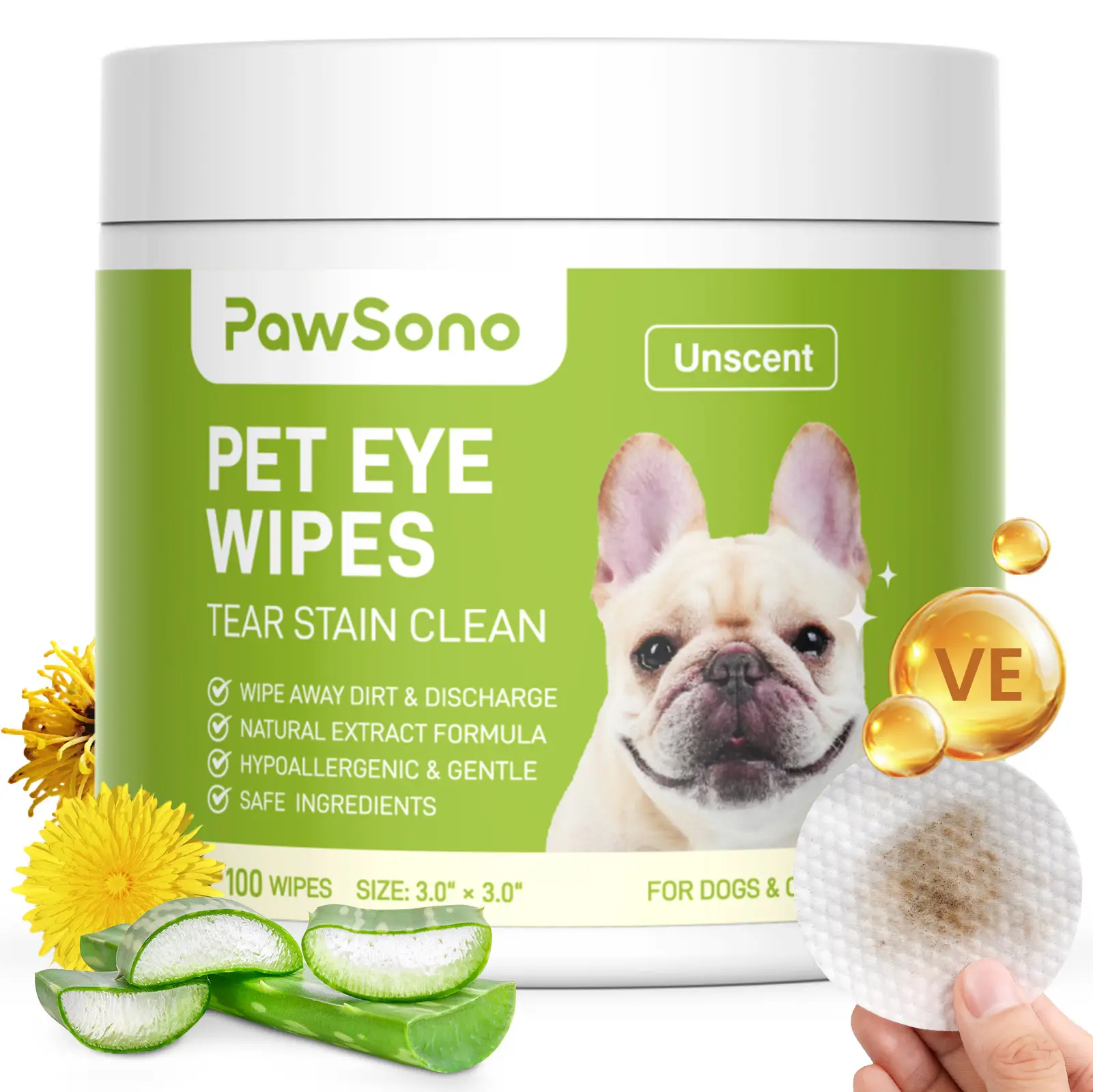 Eye Wipes for Dogs & Cats, Hypoallergenic Dog Eye Wipes Cleaner, Natural Cleaning Grooming Pet Wipes Gently Remove Tear Stain, Eye Debris, Discharge,