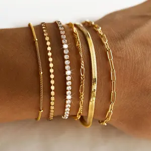 Waterproof Women's Bracelet Set - Trendy Dainty Jewelry Fashion Stackable Tennis Beaded Figaro Herringbone Paperclip Link Bracelet Pack