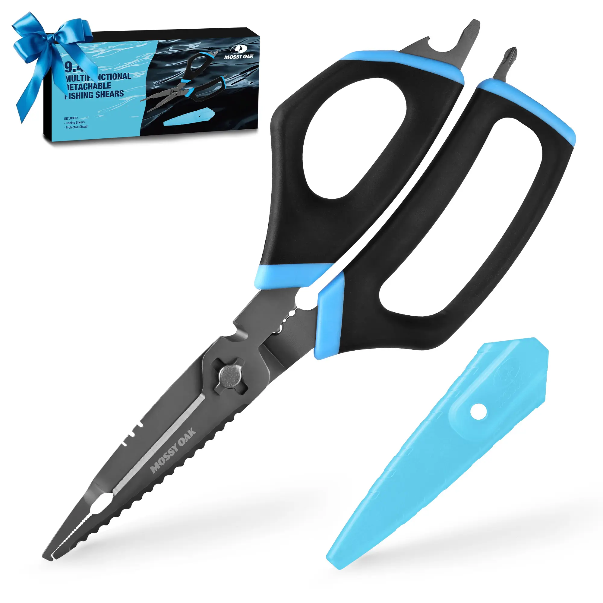 #summersale Mossy Oak 9.4" Fishing Shears, Detachable Multifunctional Large Scissors for Braid, Mono & Fluorocarbon Line & Bait, with Scaler, Hook Remover, Bottle Opener & Sheath