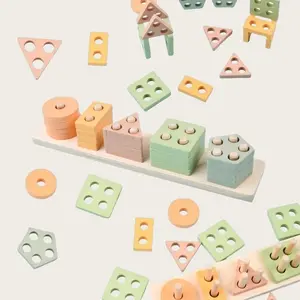 Wooden Building Blocks Set, Educational Toy for Kids, Montessori Learning, Shape Sorter, Includes Circles Squares Triangles Pentagons Rectangles Base Plate