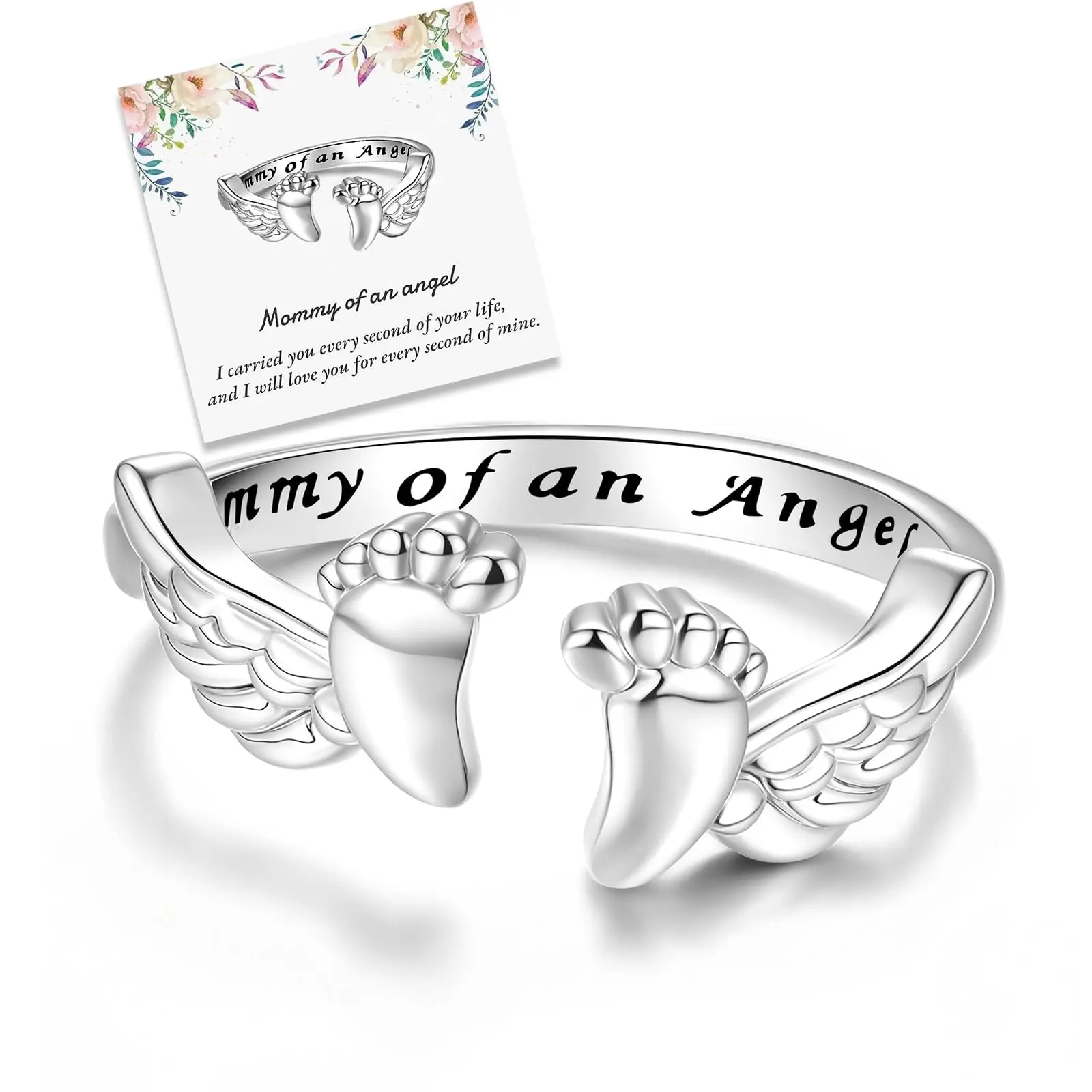 Miscarriage Gifts for Mothers Loss of Pregnancy Rings, Mommy of an Angel Wing Ring,Silver Mom Feather Rings Mother's Day Gifts