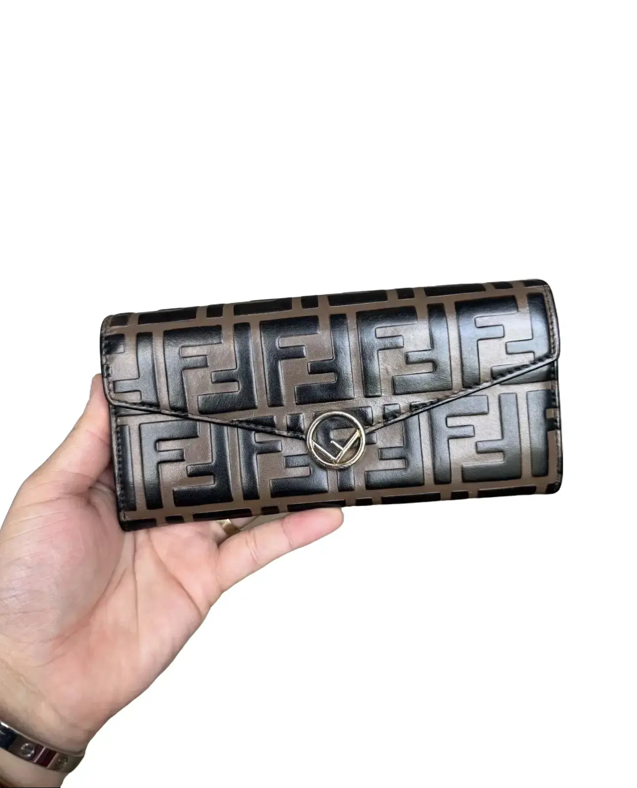 Pre-owned FENDI Leather Small Leather Goods FF Embossed Continental Wallet Brown Leather
