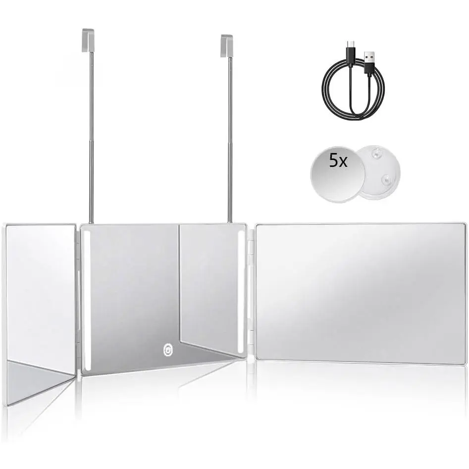 White 3-Panel 3-Way 360-Degree Foldable LED Makeup Mirror with Rechargeable Lights, 5X Magnification, Height-Adjustable Telescoping Hooks, Durable Synthetic Modern Design, Portable for Travel (Ideal for Makeup Users, Valentine's Day), Thanksgiving, Valent