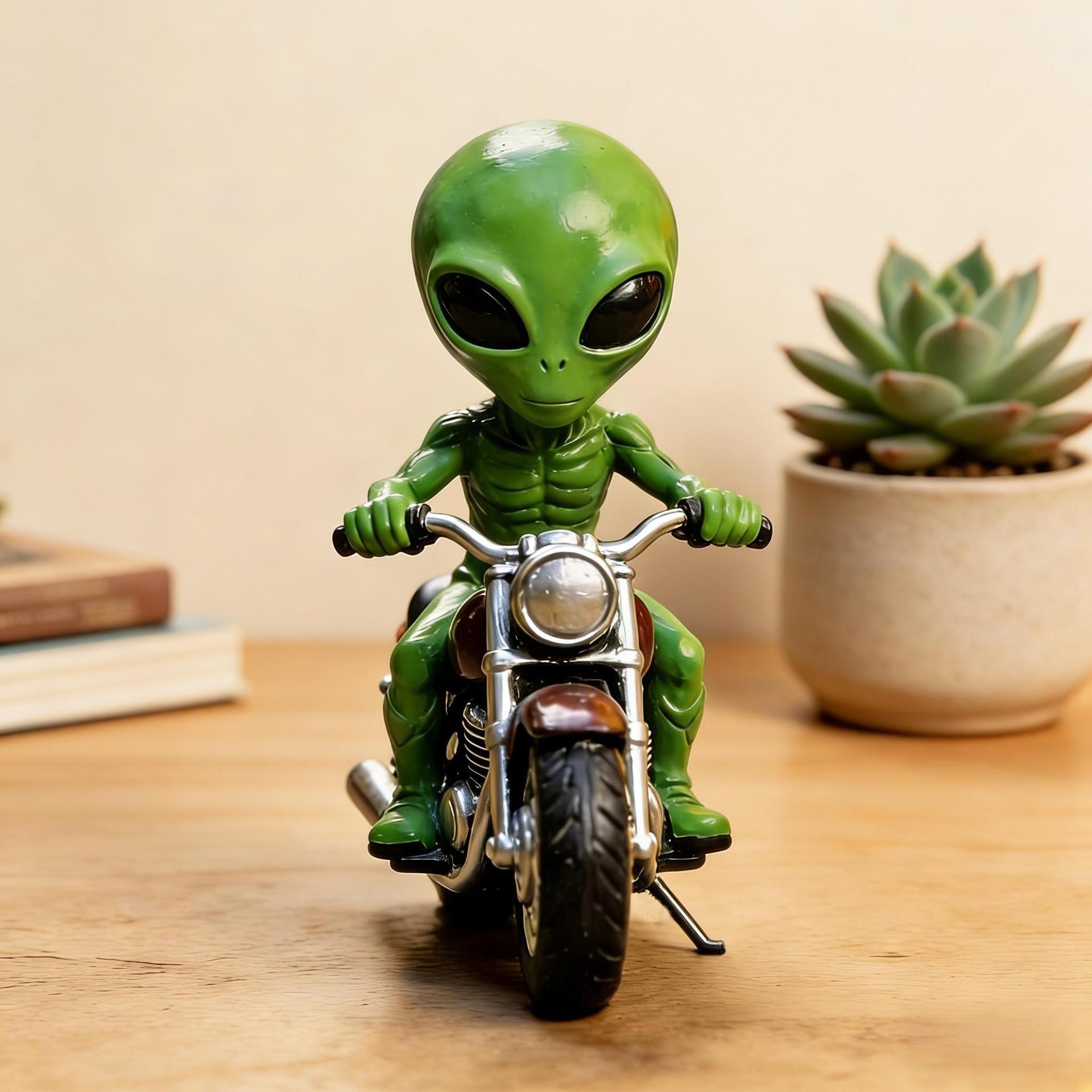 Funny alien riding a model statue, space decoration, for desktop or bookshelf display, ideal gift for sci-fi fans, cute alien design, ornament, funny home decor, art statue, sculptural tabletop decoration
