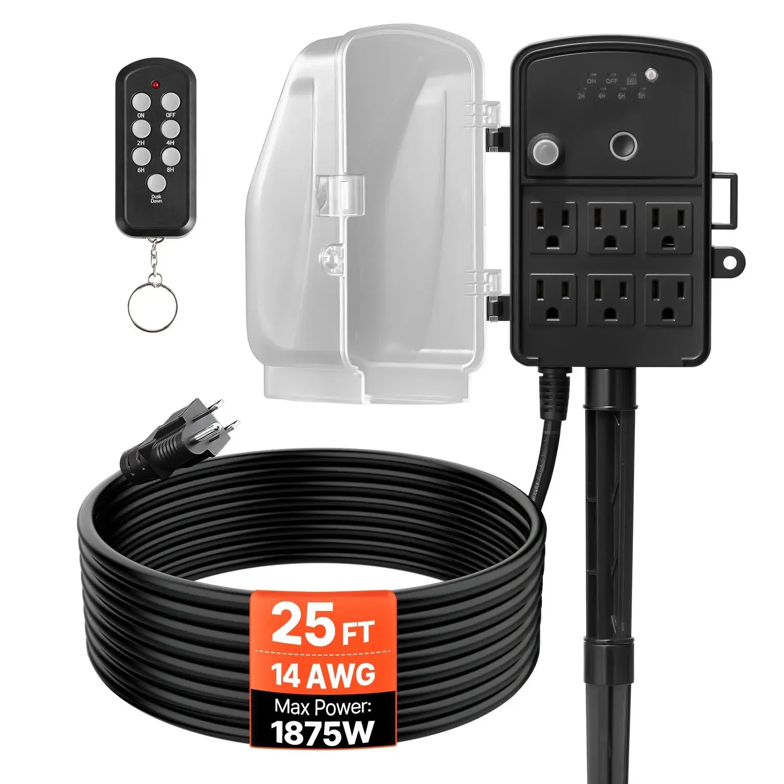VEVOR Weatherproof Outdoor Power Stake, 25FT-50FT Wired Cord Extender, 6-Outlet Power Strip with Cover, Remote Control Dusk-to-Dawn Timer, 1875W/15A Plug for Christmas Lights, Garden Devices tiktokshopbacktoschool, Extension Cord, Power Cord
