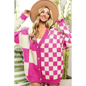 Button Up Checkered Contrast Cardigan