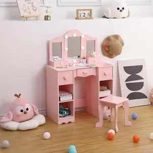 Kids Vanity Set With Mirror, 2-In-1 Wooden Toddler Vanity Table With Stool, Tri-Folding Mirror & Drawer,Princess Pretend Play Makeup Vanity Princess Makeup Desk Dressing Table for Little Girls