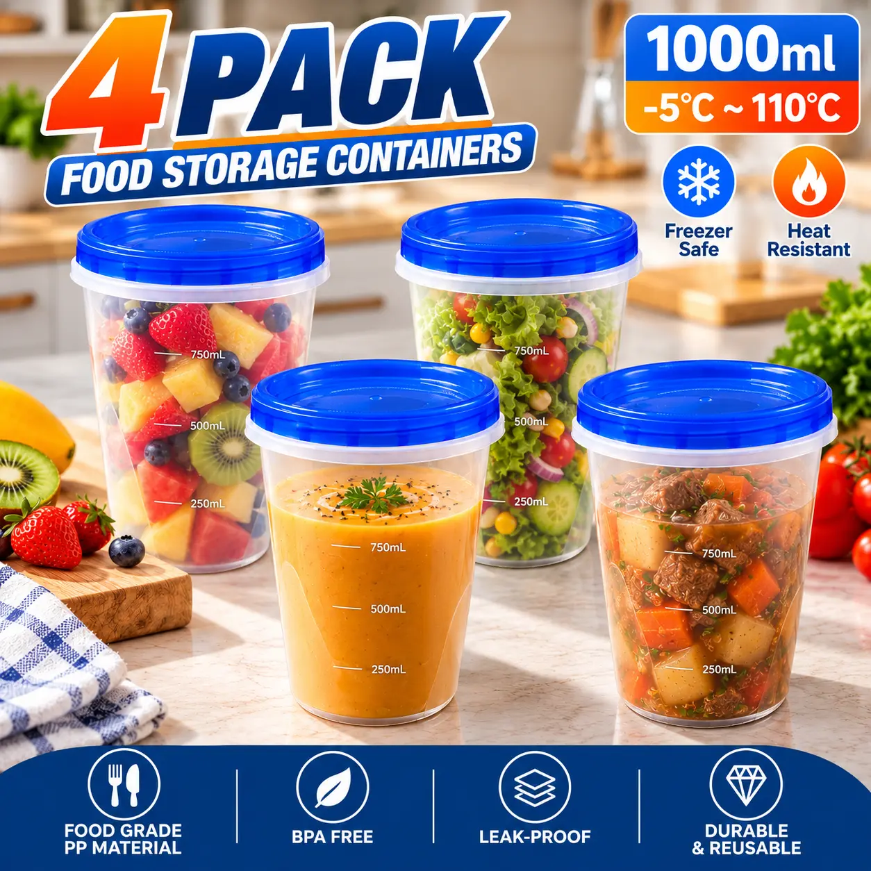 Reusable 32oz Leak-Proof Stackable Plastic Food Storage Set - 4-Piece Screw-Cap Containers for Refrigerated Soups, Sauces, Outdoor Picnics for Outdoor Users