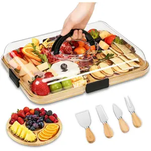 Deli tray with lid and handle, portable travel bamboo cheese tray set, comes with a cheese knife set, suitable for housewarming, picnics, and parties