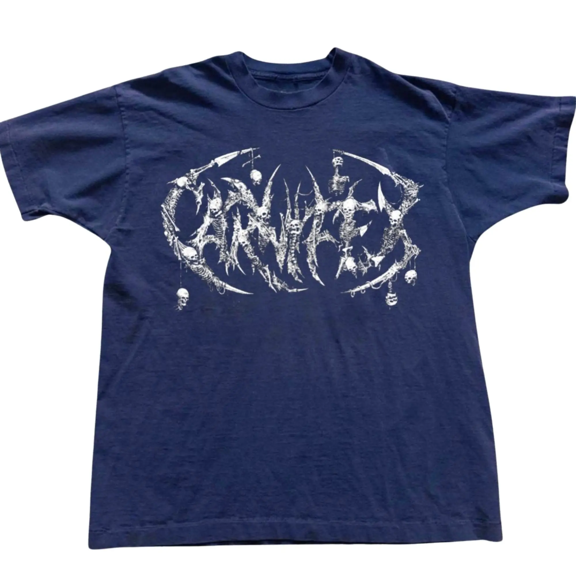 Carnifex Deathcore Metal Band Logo Graphic T-Shirt, Distressed Dark Spiky Font with Hanging Skulls Art Print, Unisex Navy Blue Heavyweight Streetwear Tee, Edgy Gothic Grunge Outfit