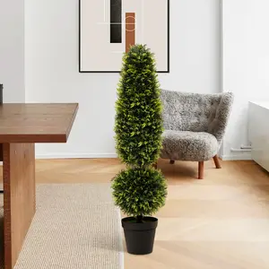 COSTWAY - 4 Feet Artificial Boxwood Topiary Tree with Natural Vines and PE Leaves-Green