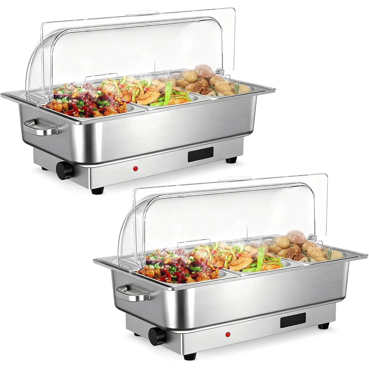 2 Packs Electric Chafing Dish Buffet Set, 3 × 3 QT Roll Top Food Warmer with Transparent PC Lid, 400W Temperature Control 86-200°F, Stainless Steel Chafer for Catering Parties