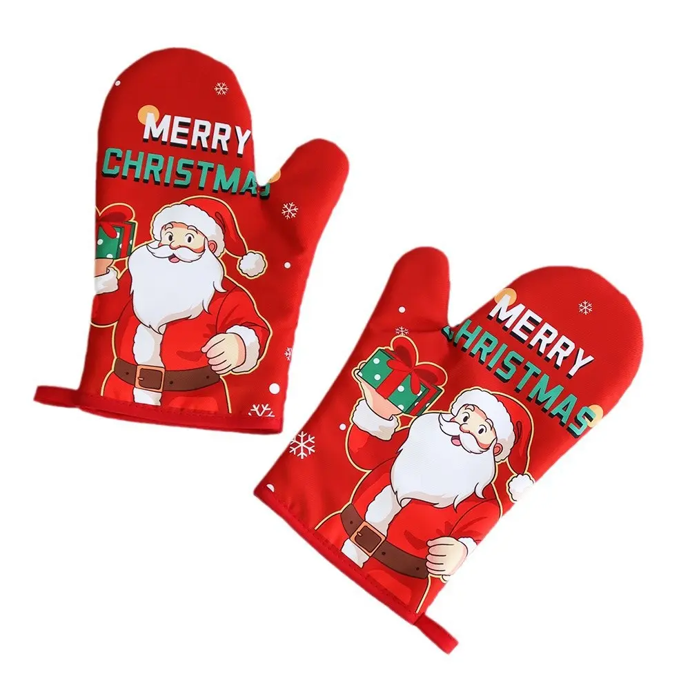 Festive Red Xmas Pattern Heat Proof Oven Mitts Set, Soft Fabric Anti-scald Kitchen Gloves with Hanging Loop for Holiday Cooking & Gift Giving
