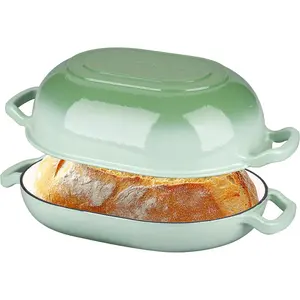 Enameled Cast Iron Sourdough Bread Oven, Dutch Oven, Loaf Cast Iron Bread Pan for Homemade Bread Baking, Meatloaf Pan with Lid, 7QT, Green