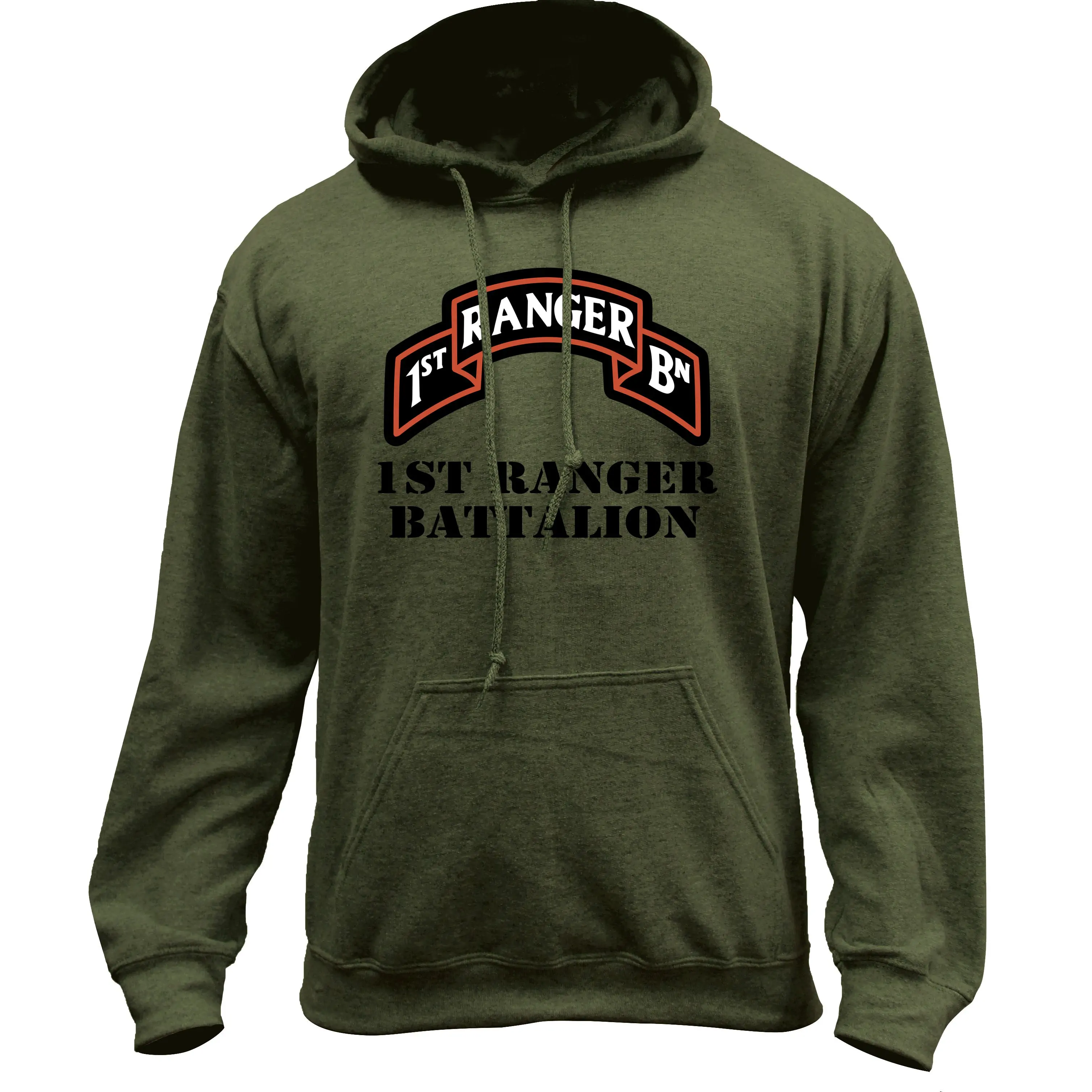 Men's 1st Ranger Graphic Knit Pullover Hoodie - 8-oz Cotton-Poly-Spandex Blend, Casual Long-Sleeve Sweatshirt with Drawstring, Kangaroo Pocket, Stitchwork, Hand-Printed Design