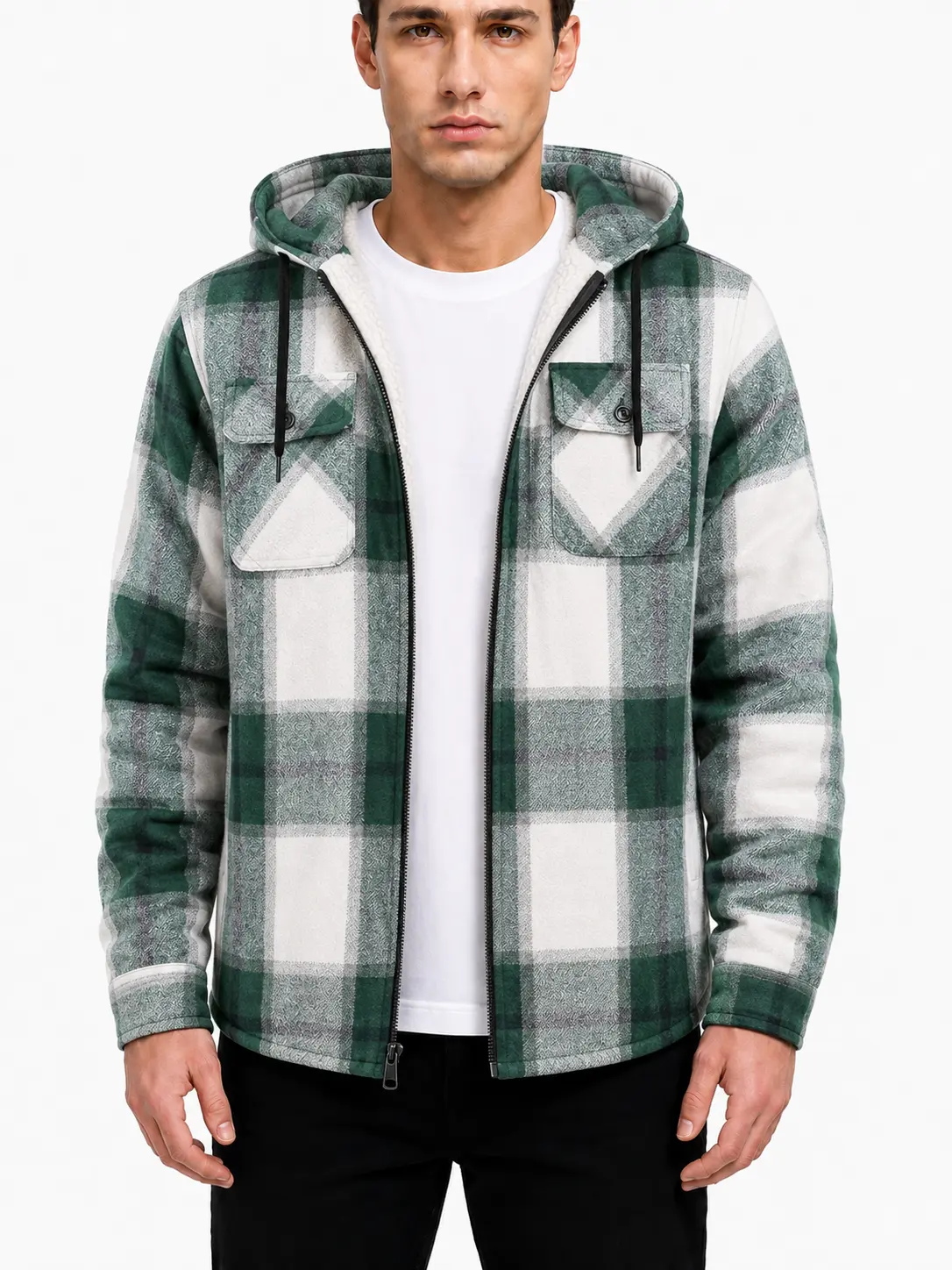 ZITY Men's Cotton Checked Zipper Hooded Jacket - Cozy Sherpa Hood, Fleece-Lined, Long-Sleeve, Workwear-Ready, Zip-Up Coat with Pockets for Winter Outdoor Casual Use, Zipper Jacket