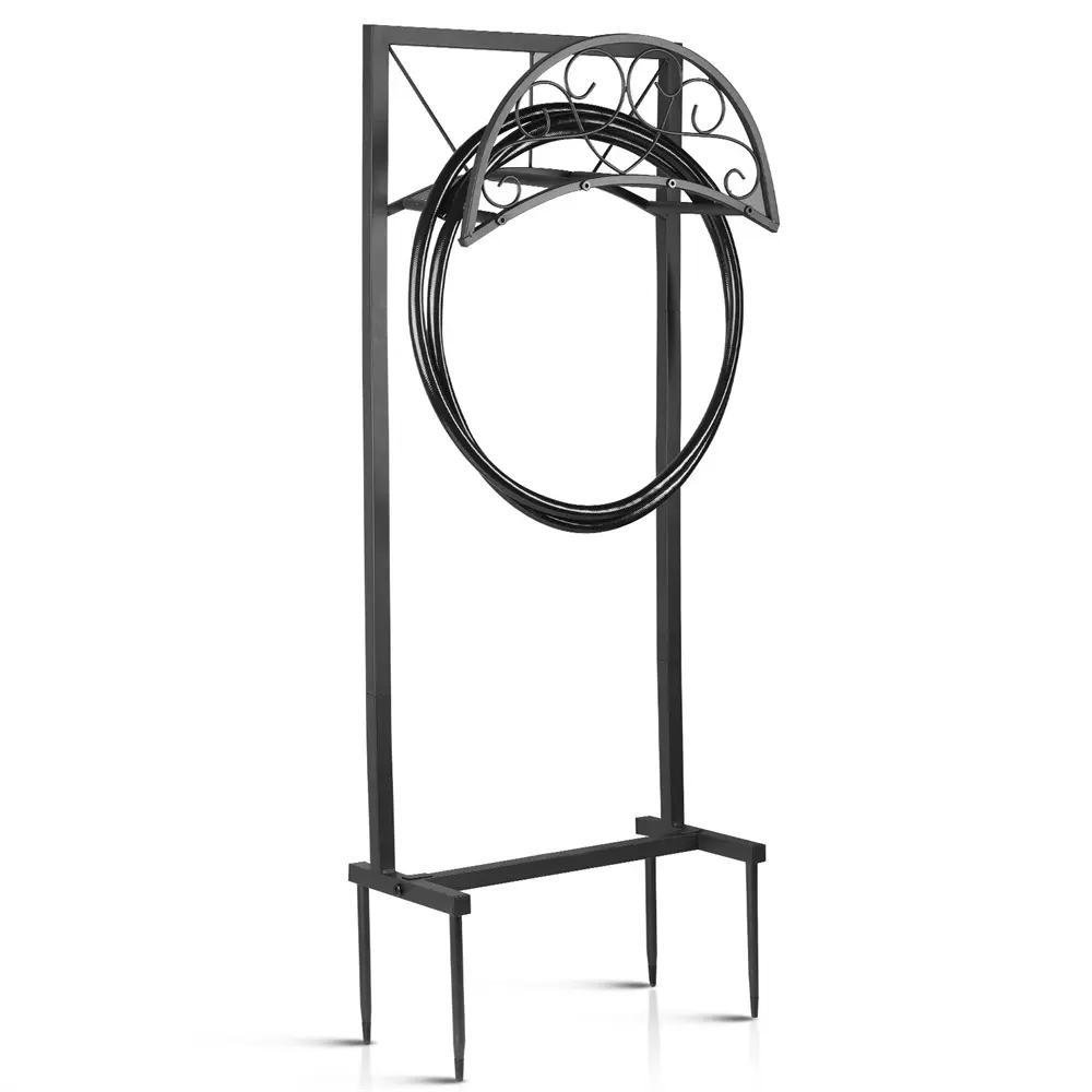 Heavy Duty Freestanding Garden Hose Holder Stand, Metal Water Hose Reel Storage Rack with Basket, Holds 150ft Hose, Upgraded Stable Base, Outdoor Yard Lawn Organizer, Rustproof