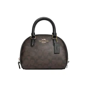 COACH Sydney 20 Classic Monogram Coated Canvas and Leather Shell Handbag for Women, Small Size, Black and Brown