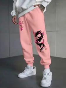 Men's Solid Color Drawstring Waist Sports Pants, Comfortable Fitted Design, Sakura Dragon Print, Casual Fall & Winter Wear