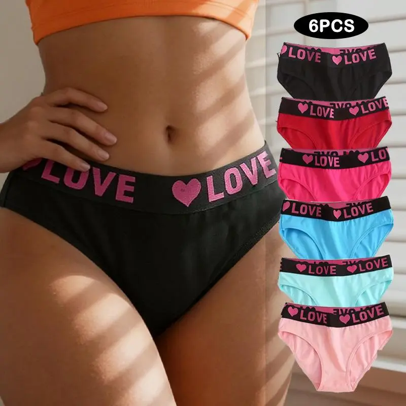 Women's Low-Waist Cotton Fabric Briefs Set - 6-Pack with Heart Print, Love Motif