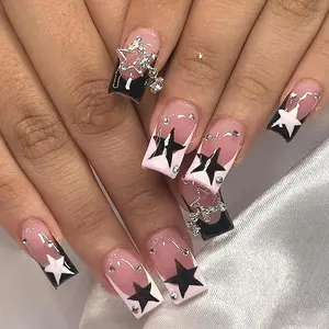 24pcs Rectangle French Style 3D Star Design Acrylic Press-On Nails Set, Diy Nail Kit, Includes Jelly Glue and Nail File, Perfect for Parties and Daily Wear, Nail Art Supplies