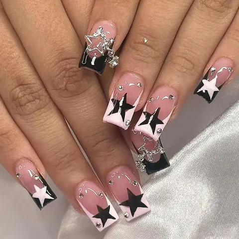 24pcs Rectangle French Style 3D Star Design Acrylic Press-On Nails Set, Full Cover Nails, Fake Nails, Decorative Nails, Diy Nail Kit, Includes Jelly Glue and Nail File, Perfect for Parties and Daily Wear, Nail Art Supplies