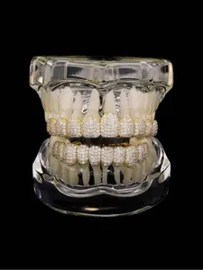 Hiphop Gold Grillz Full Diamond Teeth Grills Rapper Style Streetwear Trendy Personalized Jewelry Real Gold Plated Resin Material Teeth Cover Girls