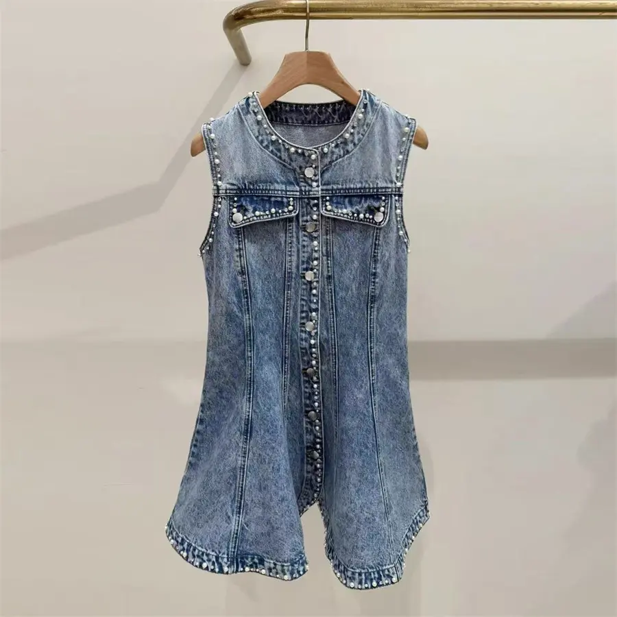 Women's Basic Casual 100% Cotton Denim Mini Dress, Sleeveless Round Neck with Ruffled Hem & Pearl Rhinestone Embellishments, Pearls, Rhinestones, Above The Knee, Button, Casual Wear, Elegant, A-Line, Mini Length