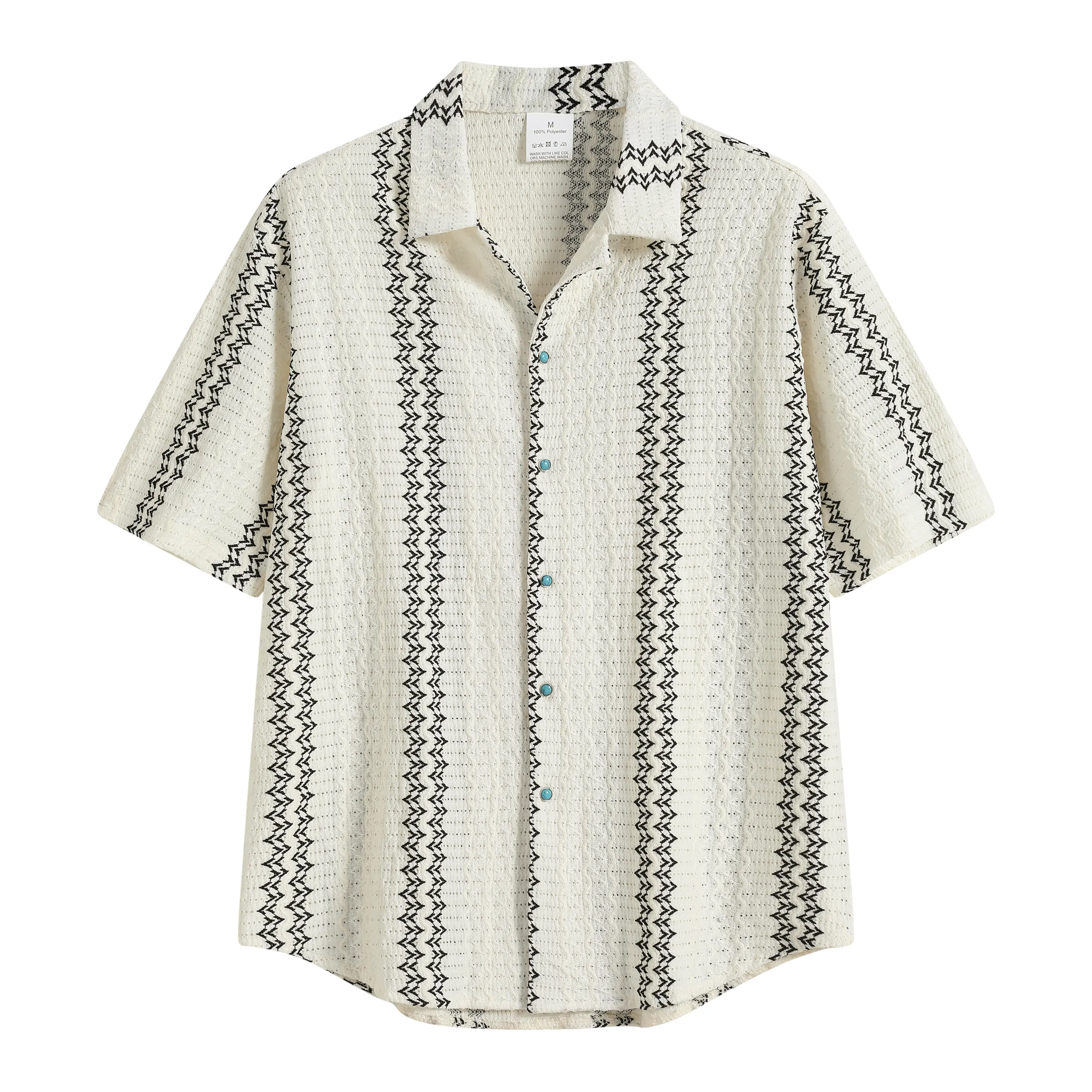 Men's Casual Boho Eyelet Breathable Short-Sleeve Camp Collar Button-Down Shirt - Loose Geometric Top for Summer, Outdoors, M - Chic Menswear to Pair with Jeans