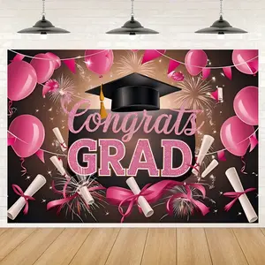 2D Flat Graduation Party Backdrop Banner with Flag and Cap Design, Perfect for Indoor Outdoor Graduation and Anniversary Decor, Graduation Party Decorations, Party Supplies