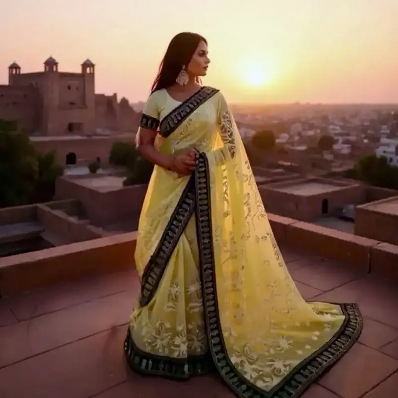 Women's Traditional Chiffon Saree - Chickenkari Embroidered, with Matching Stitched Blouse, Formal Bridal Party Wear Dress, Elegance, Fabric, Lady, Elegant, Clothes, Women's Clothes, Embroidery, Saree Set, Chickenkary Embroidery