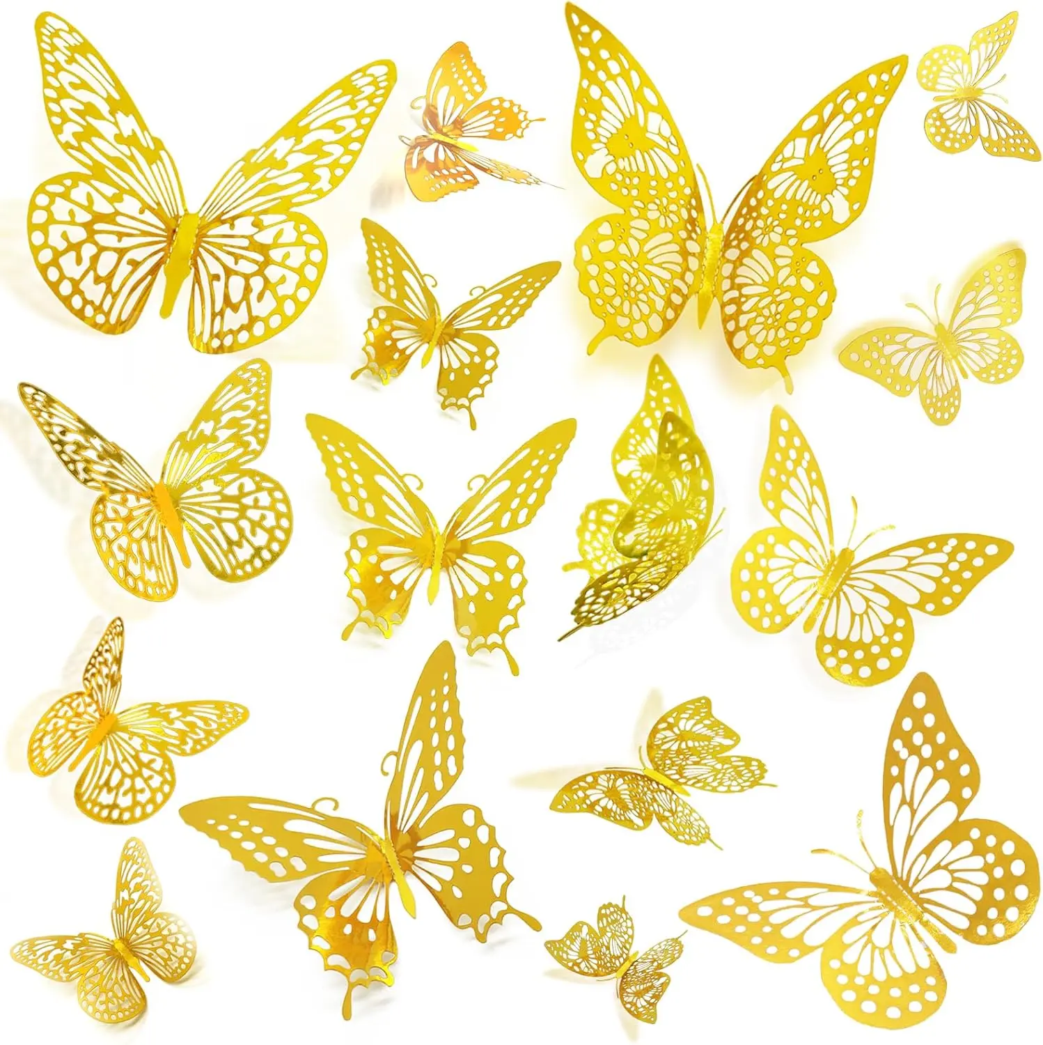 48-Pcs Flexible 3D Butterfly Wall Adhesive Stickers Set - 4 Styles, 3 Sizes (3"/8cm Included), Removable for Party Decorations, Room Accents (Butterfly Gold 48)
