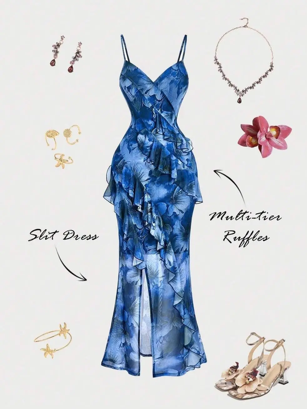 Women's Floral Maxi Slip Dress | V-Neck Ruffle High Slit Sexy Elegant Beach Vacation Party Dress