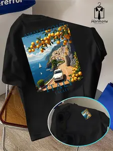 Italian Travel Style Amalfi Coast T-Shirt, Fashionable Versatile Short Sleeve, Polyester Fiber, Men's Casual Long Clothing, All Seasons