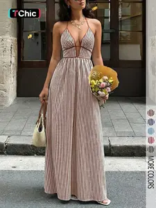 Women's French Vacation Stripe Halter Dress, Deep V Waist Cinch Color  Block Long Floor-Length Beach Skirt.