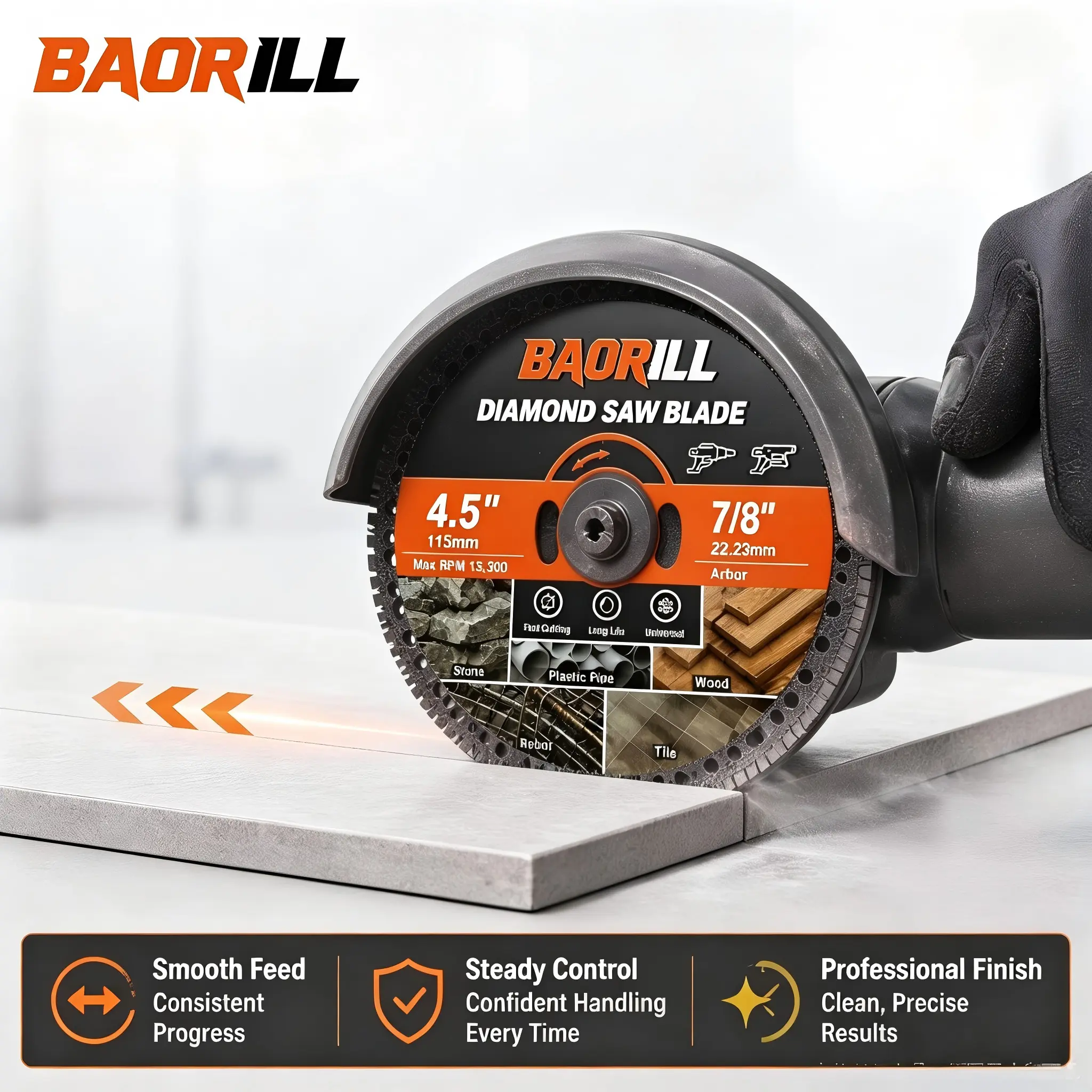 BAORILL 4.5" Ultra Durable Diamond Cutting Disc for Angle Grinder - High-Strength Steel Base, Low Vibration, 13300 RPM Fast Clean Cut, Premium Diamond Segments, Suitable for Stone, Tile, Plastic Pipe & Daily Use