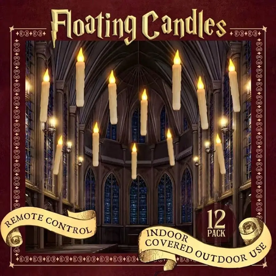 12PCS Floating LED Candles With Remote Control, Flickering Flameless Hanging Candles, Long Magic Wizard Candles For Halloween Christmas Party, Indoor Home Bedroom Classroom Decor, Battery Required, Not Included