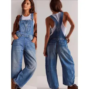 Women's All-Season Denim Bib Overalls Jumpsuit - Barrel Leg Adjustable Straps, Solid Color Casual Pants with Pockets, Machine Washable & Versatile for Casual Attire, Relaxed Weekend Outfit, Relaxed Fit Style,  Cotton Sleevel Fabric Womenswear