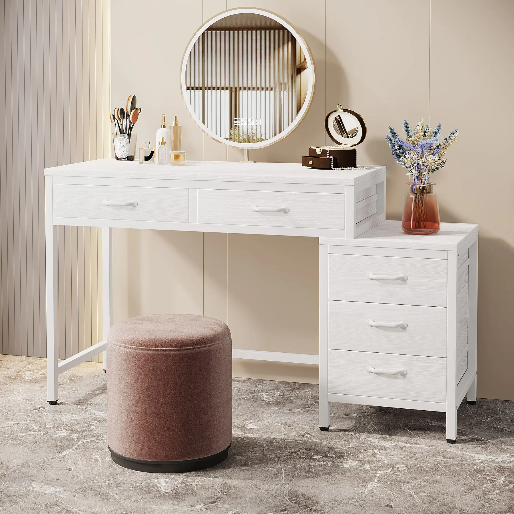 Tribesigns Vanity Desk with 5 Drawers, Makeup Vanity Table Dressing Table with Side 3-Drawer Chest, Make Up Vanities for Women, Girls (Without Mirror)