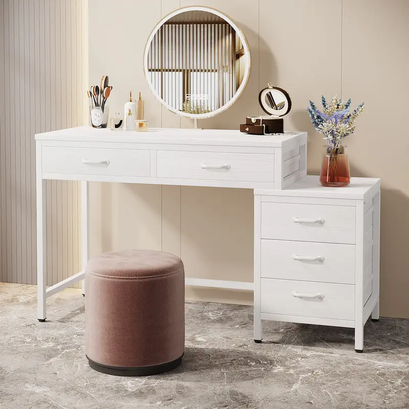 Tribesigns Vanity Desk with 5 Drawers, Makeup Vanity Table Dressing Table with Side 3-Drawer Chest, Make Up Vanities for Women, Girls (Without Mirror)