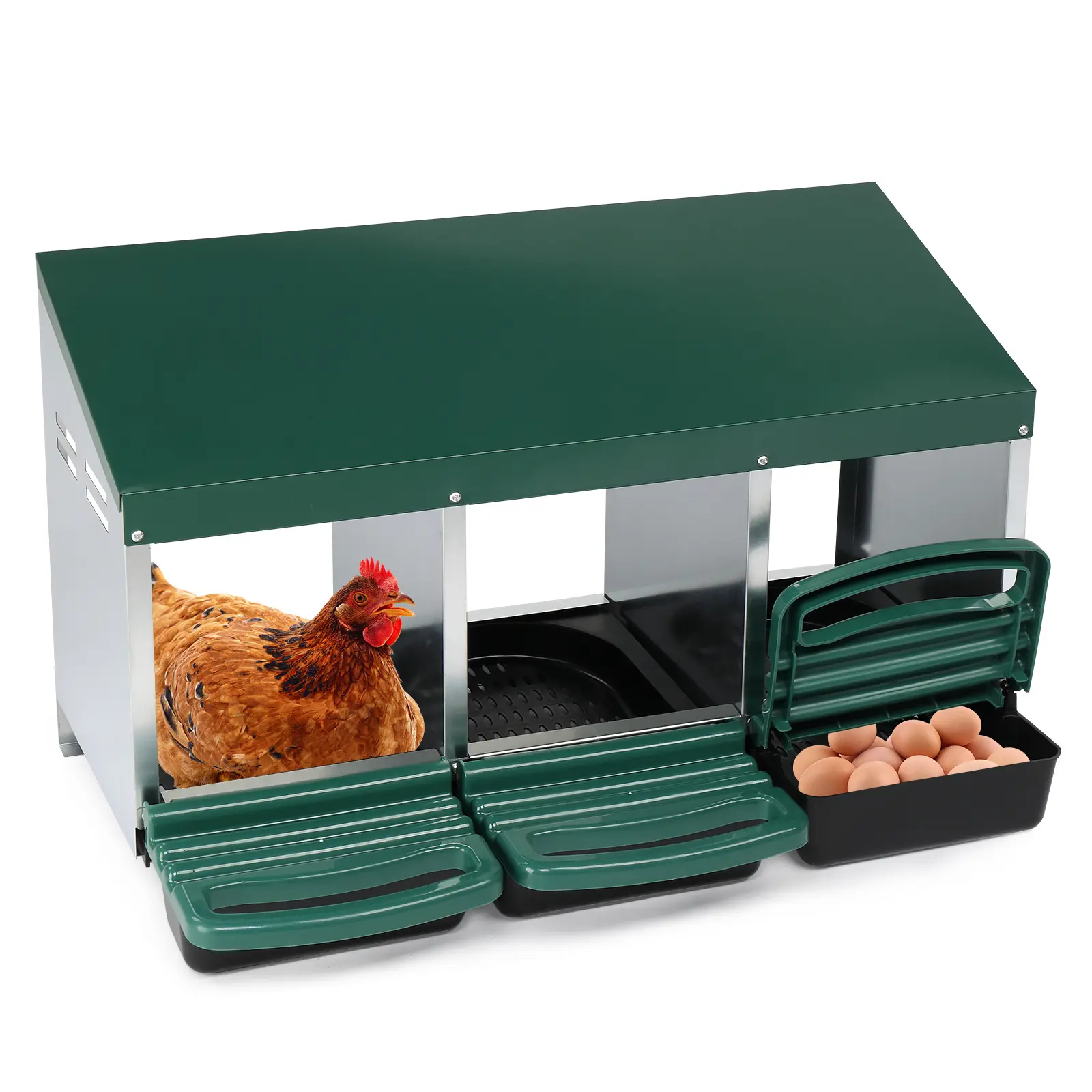 3-Compartment Green Roll-Out Nesting Box with Plastic Basket - Lightweight Steel, Weatherproof 13 x 10.6 in, 18.7 lbs Compact Chicken Coop Accessory for Hens' Laying Needs, Secure Laying